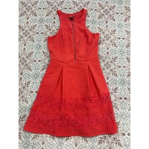 Express Coral Red Textured Lace Trim Front Zip Fit Flare Dress Womens Size 6